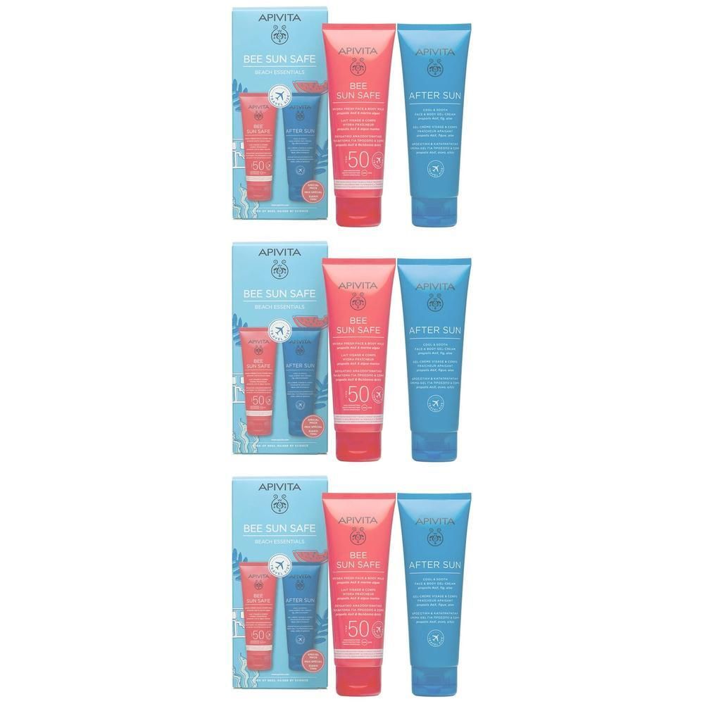 Coffret APIVITA Bee Sun Safe: Crème solaire SPF 50 et lotion après-soleil en tubes.