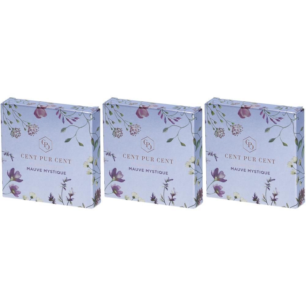 Trois boîtes Cent Pur Cent Flower Blush Mauve Mystique avec un motif floral.