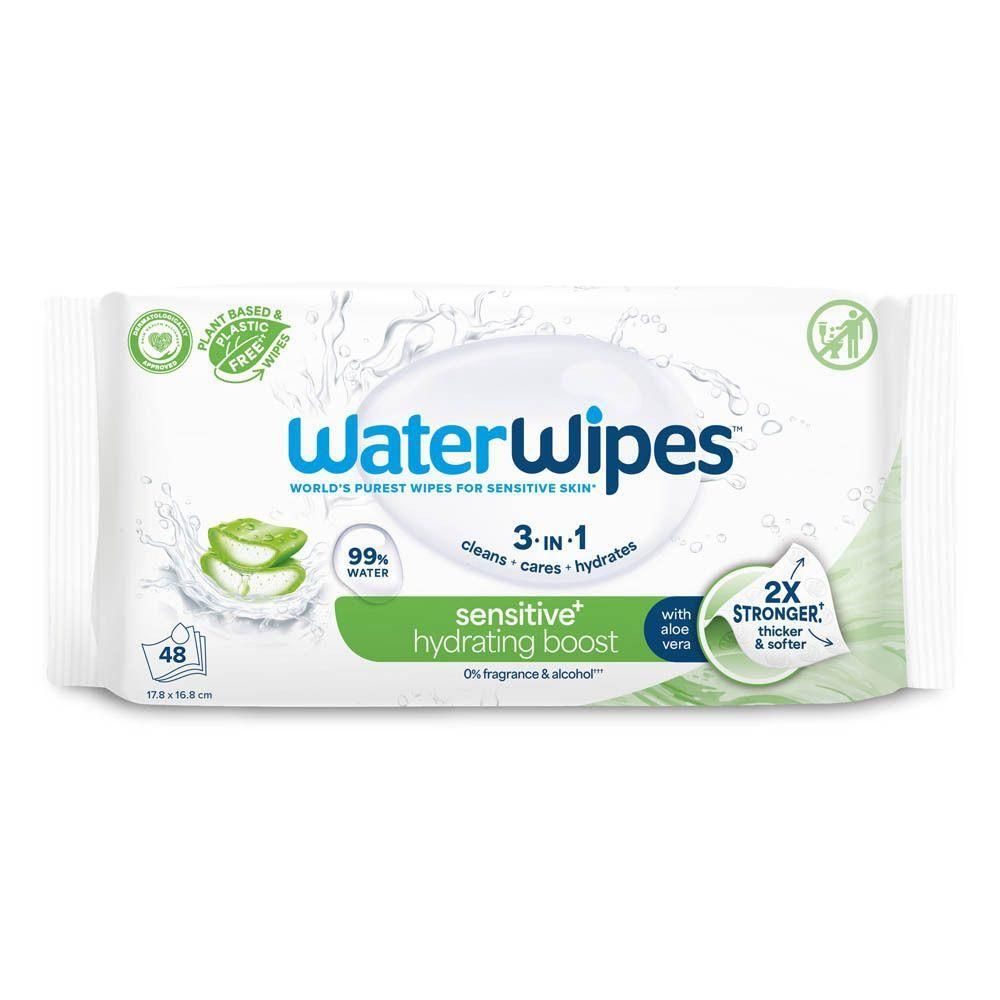 WaterWipes Hydrating Boost Sensitive doekjes met aloë vera, pak van 48.
