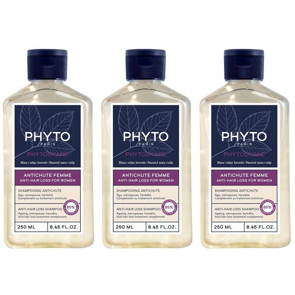 Drie flessen Phyto Paris Phytocyane Anti-Haaruitval Shampoo voor vrouwen, elk 250 ml.