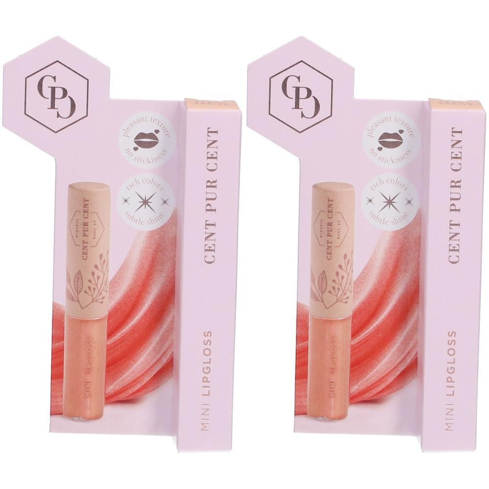 Twee Cent Pur Cent Mini Lipgloss in perzikkleur, verpakt in roze doosjes.