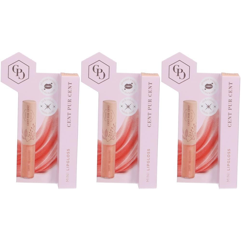 Drie Cent Pur Cent mini lipglossen in perzikkleur, verpakt in roze kartonnen displays.