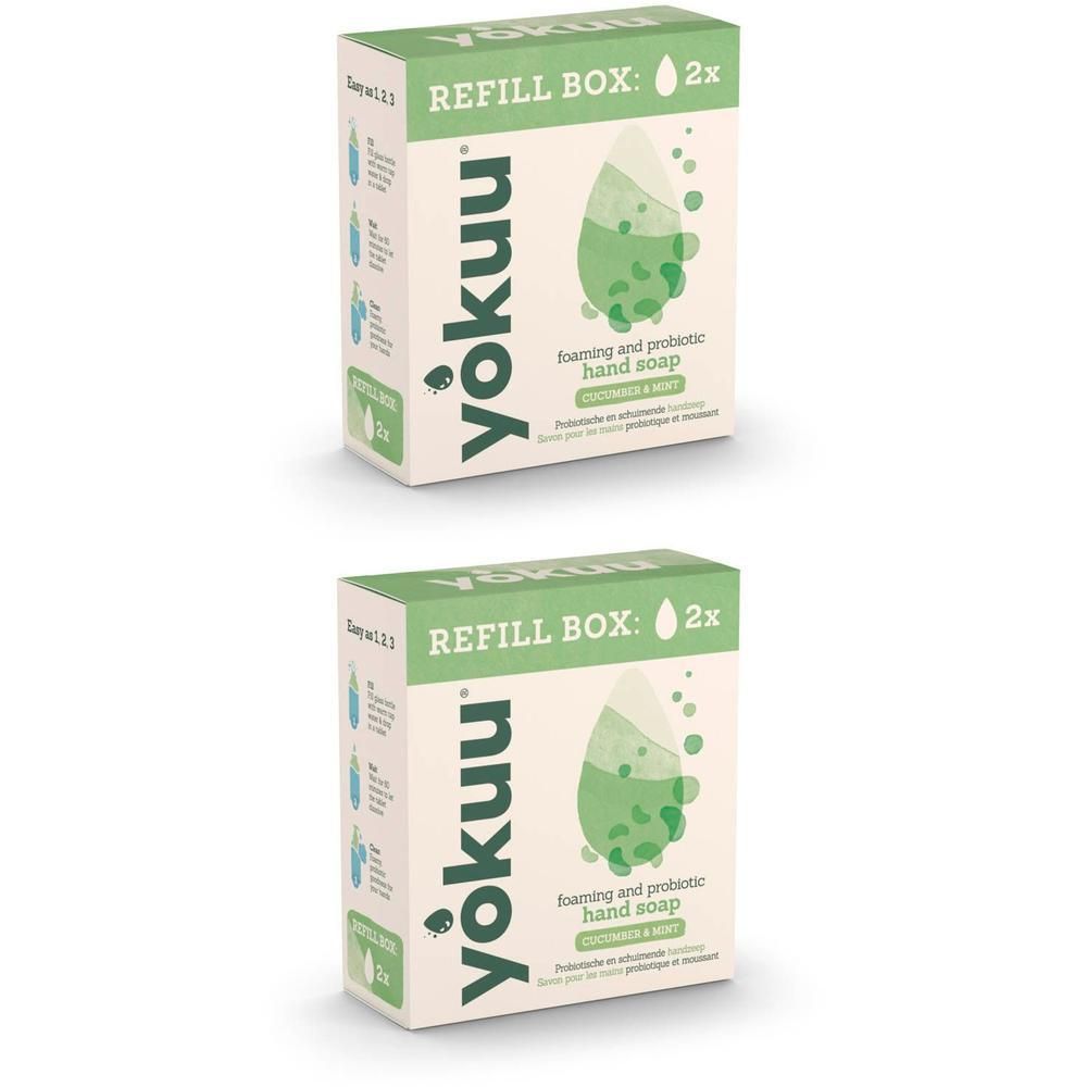 Twee Yokuu navulverpakkingen voor probiotische handzeep, komkommer en munt.