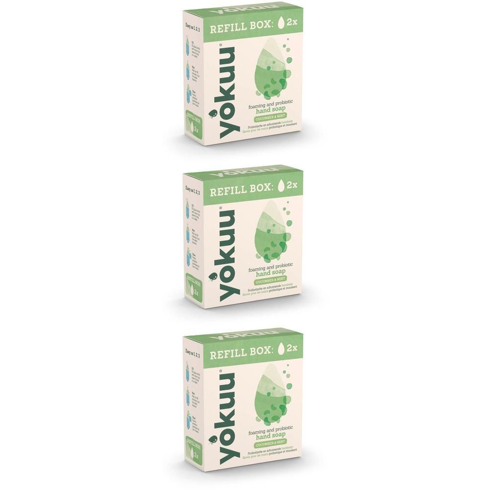 Drie Yokuu navulverpakkingen voor handzeep, 2x per verpakking. Komkommer en munt.