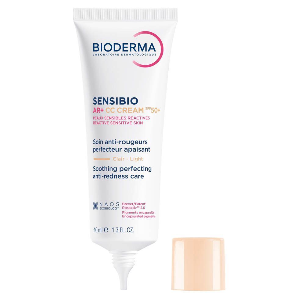 Tube Bioderma Sensibio AR+ CC Cream SPF50+ Clair met dop eraf.