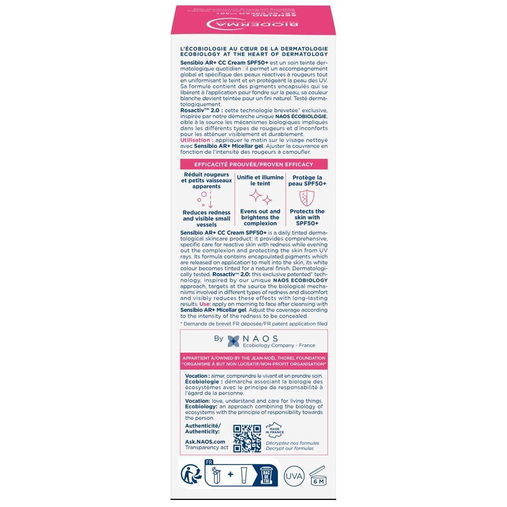 Arrière de la boîte Bioderma Sensibio AR+ CC Cream SPF50+ Clair.