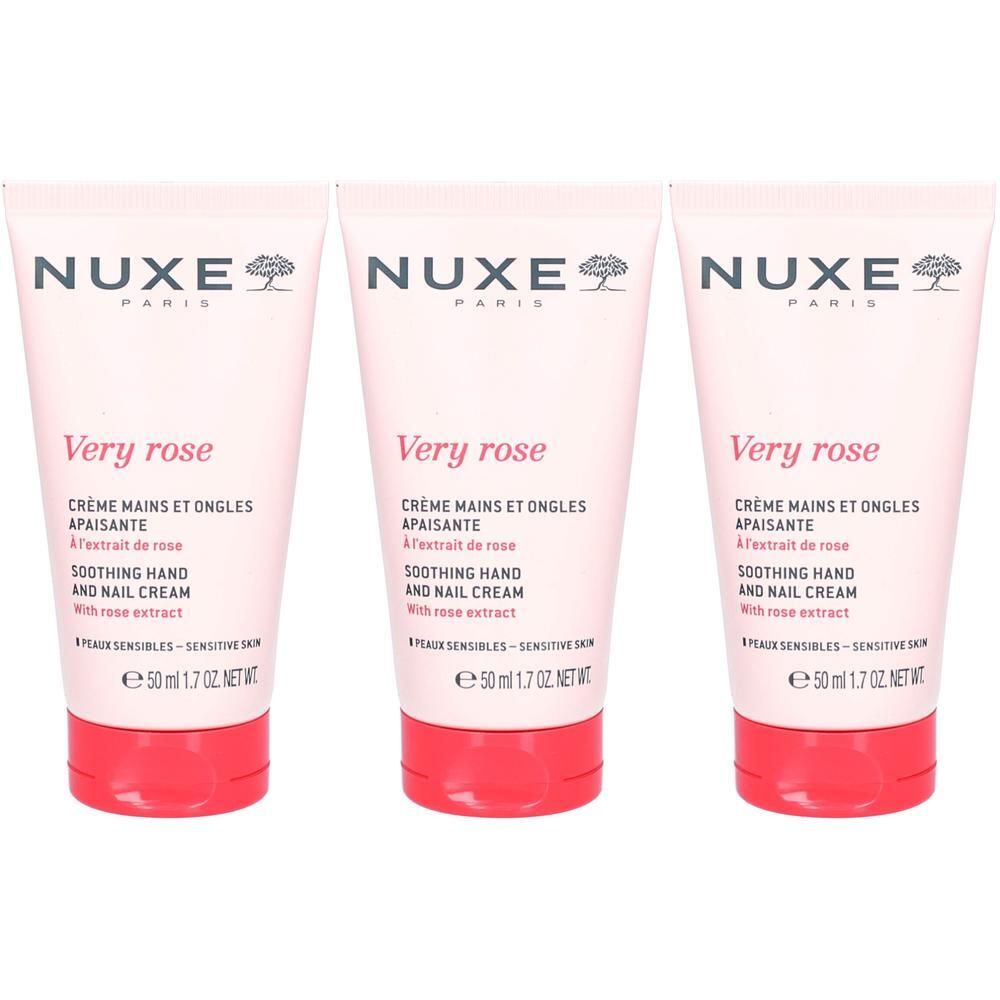 Trois tubes de crème mains et ongles Nuxe Very Rose, chacun de 50 ml.