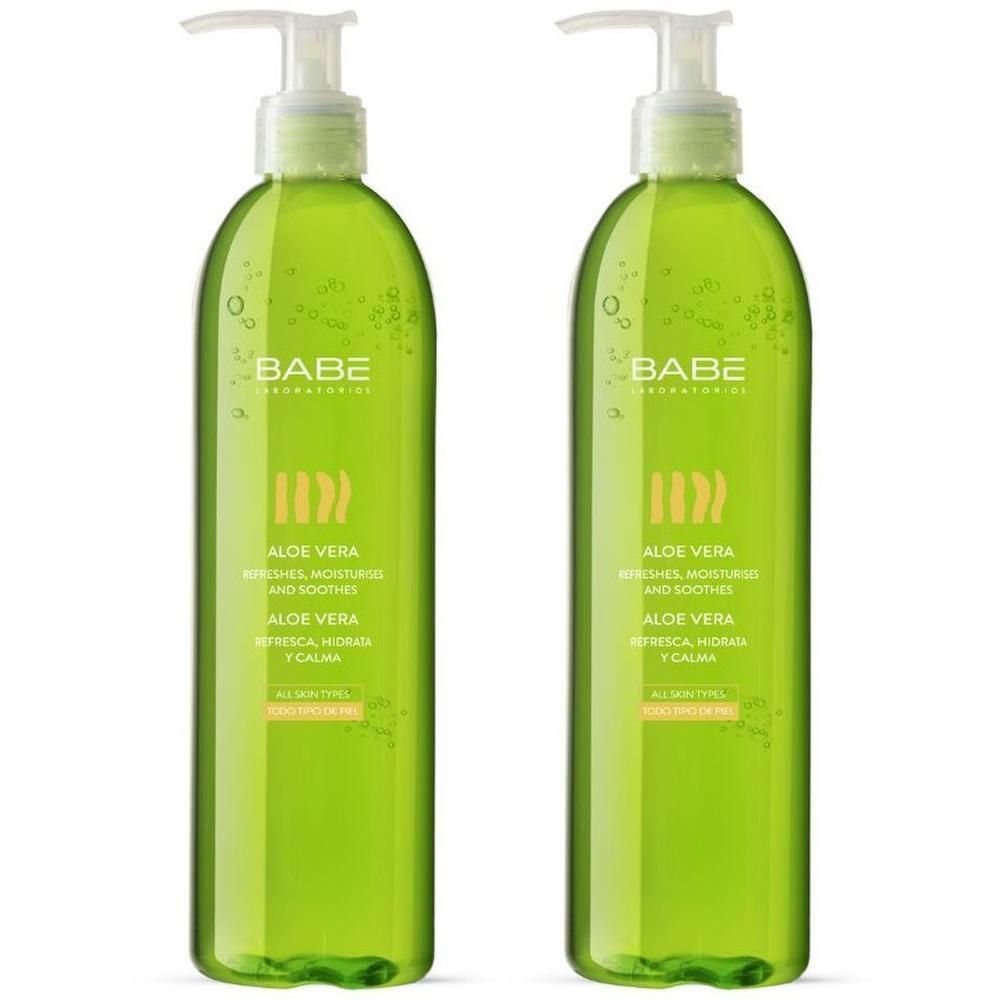Deux flacons pompe verts de Gel d'Aloe Vera Babé. Pour tous types de peau.