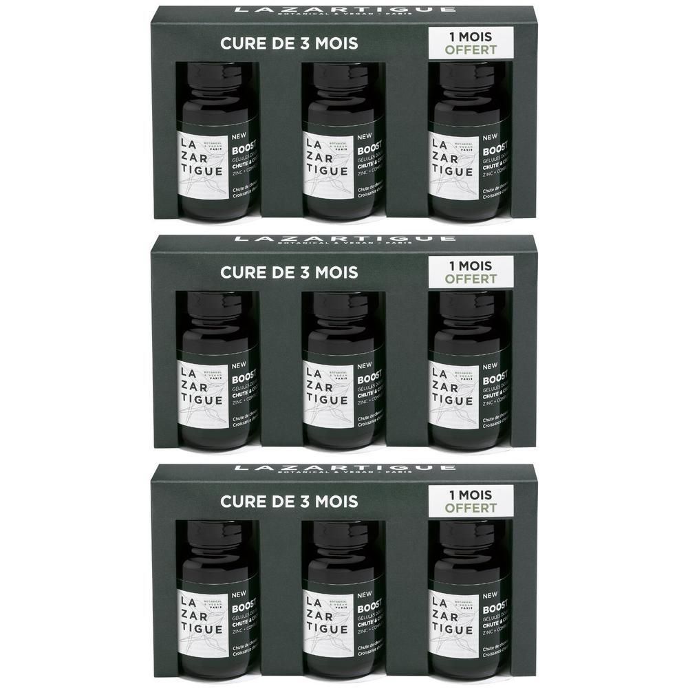 Trois coffrets de cure Lazartigue Boost Chute de Cheveux, contenant chacun trois flacons.
