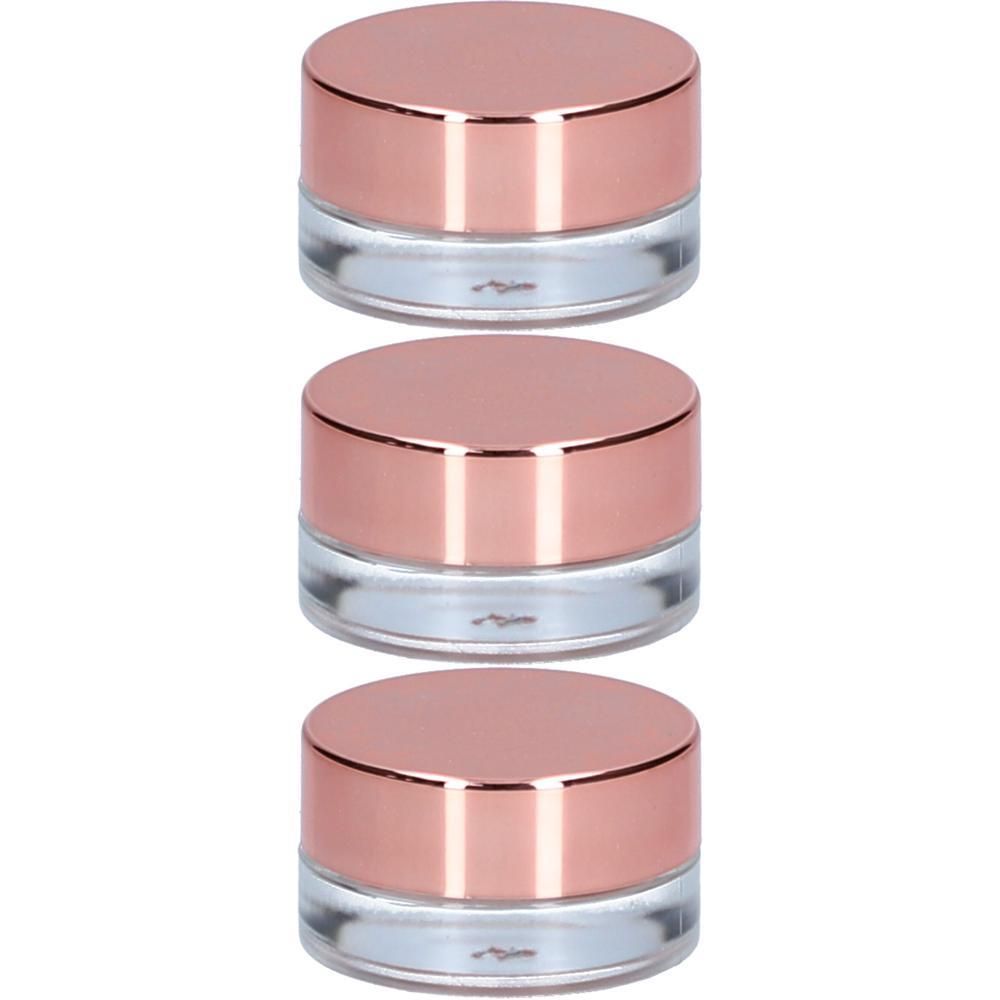 Trois petits pots avec fond en verre transparent et couvercle couleur or rose.