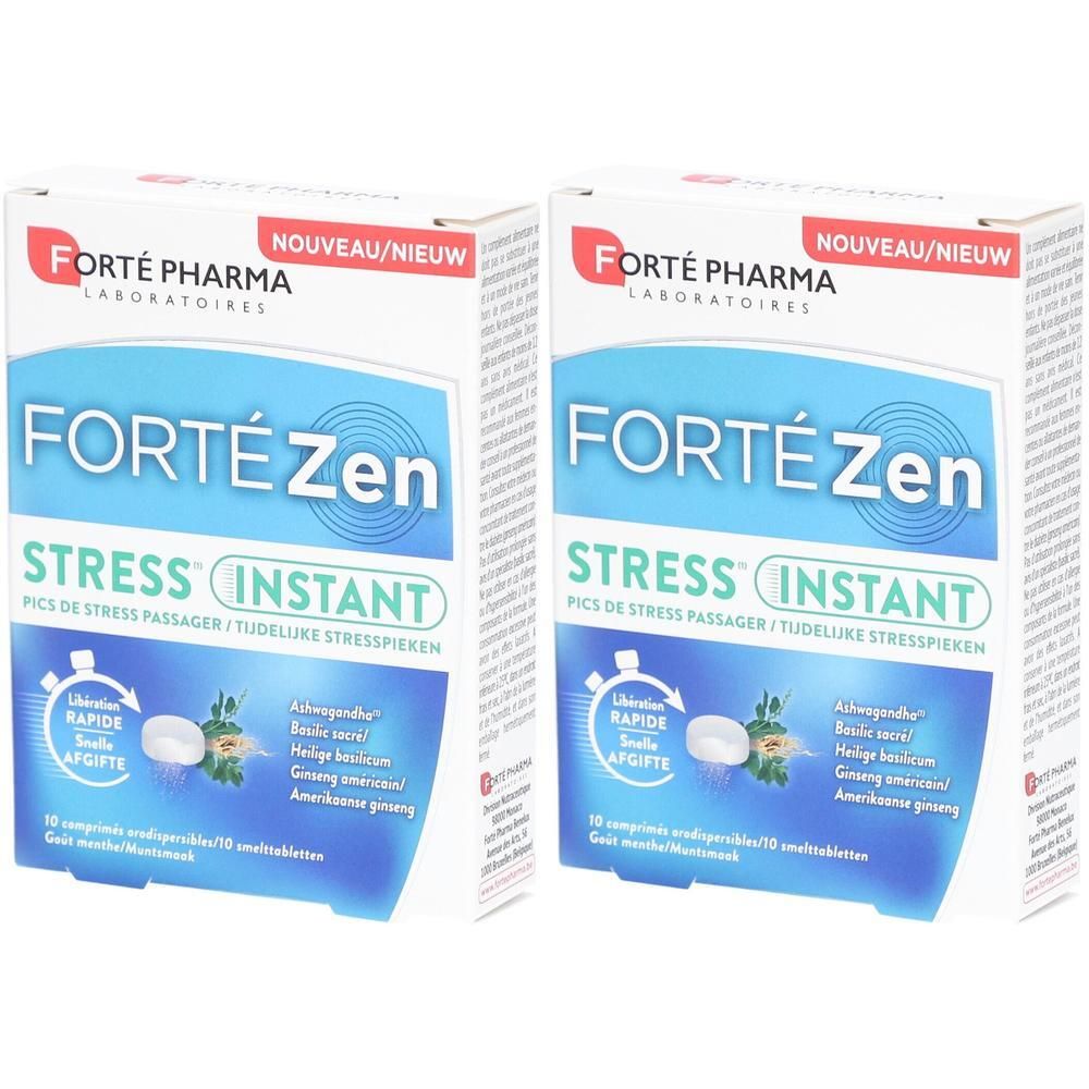 Deux boîtes Forté Pharma Forté Zen Stress Instant de 10 comprimés chacune. Libération rapide.