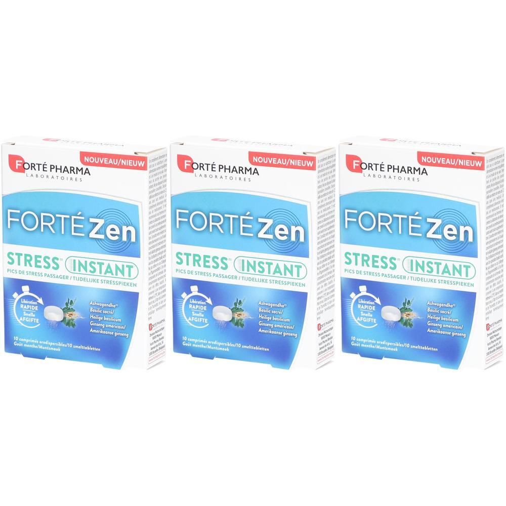 Drie dozen Forté Pharma Forté Zen Stress Instant met afbeeldingen van pillen en planten.