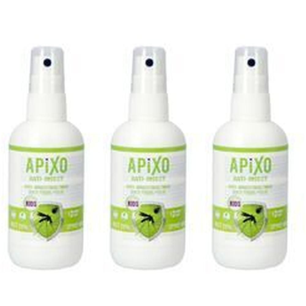 Drie witte spuitflessen met groen etiket voor Apixo Anti-Insect Kids.