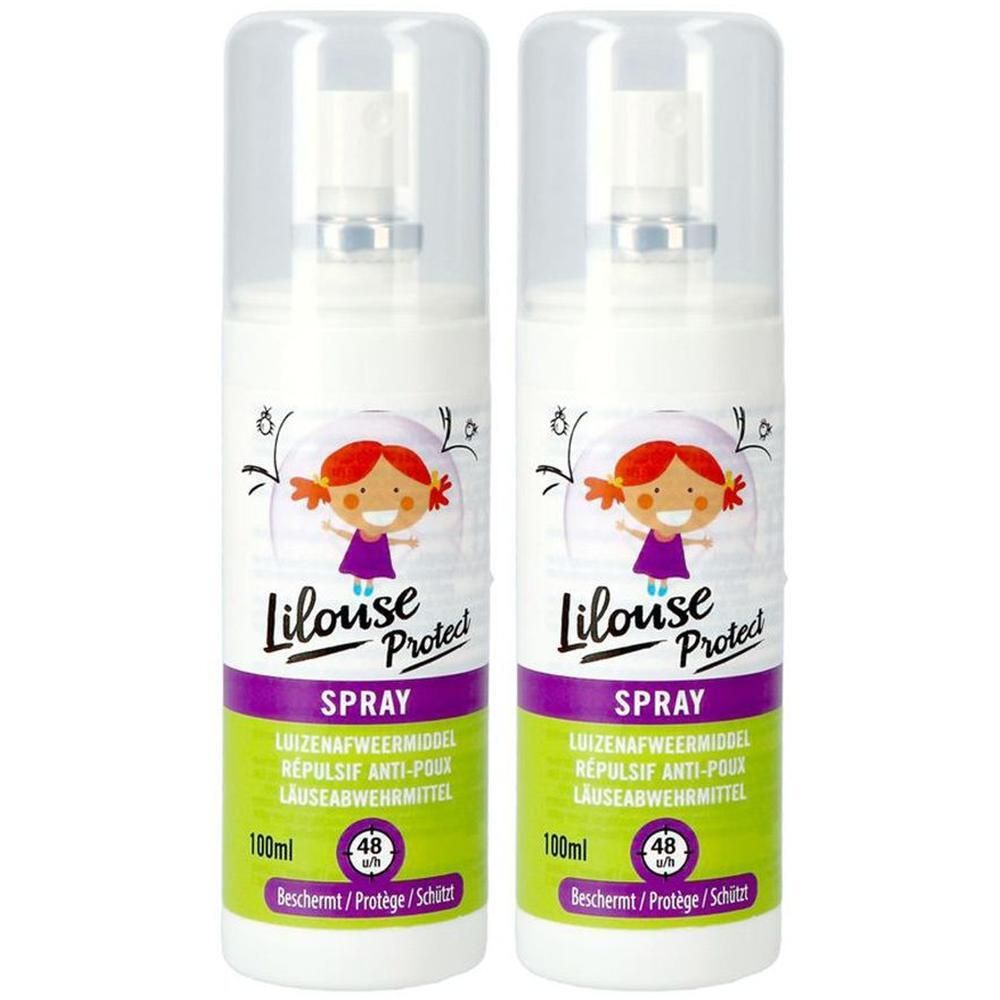 Twee Lilouse Protect sprayflessen met kinderillustraties. Bevat 100ml.