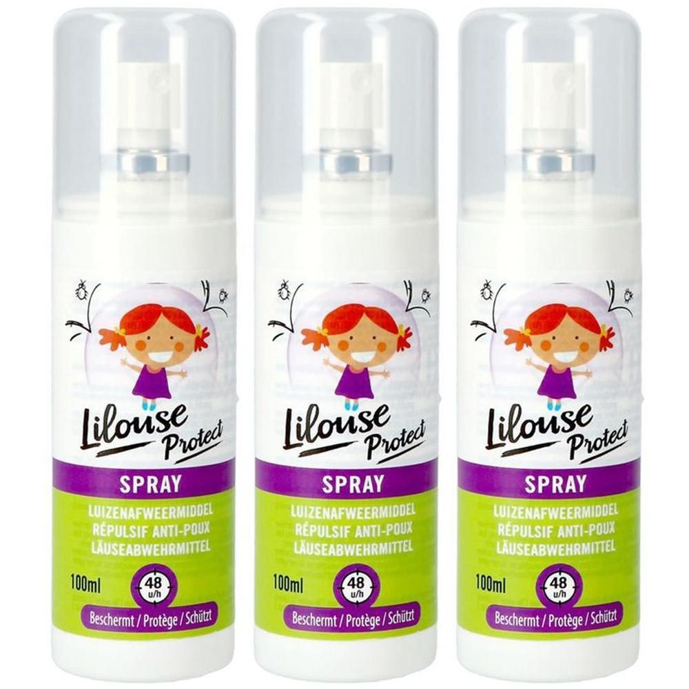 Drie spuitflessen Lilouse Protect met kinderillustraties en tekst.