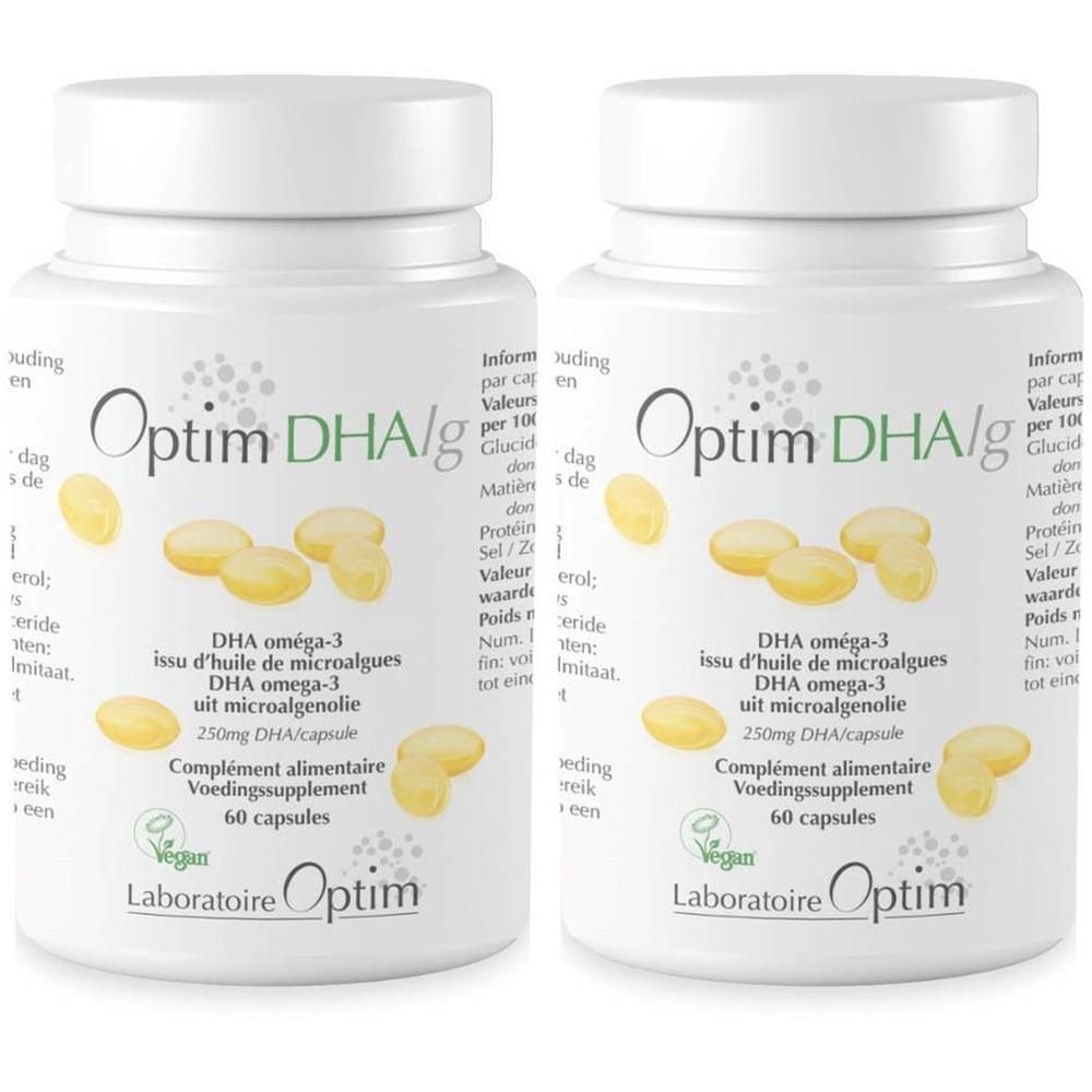 Twee flessen Optim DHA/g voedingssupplement, 60 capsules per stuk. Bevat DHA uit microalgenolie.
