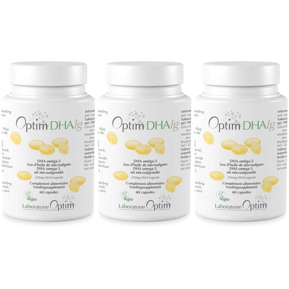 Drie flacons Optim DHA/g met 60 capsules met omega-3 vetzuren.