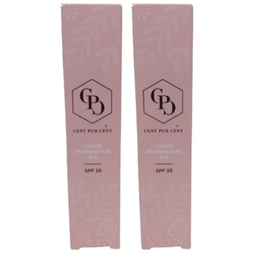 Deux boîtes de fond de teint liquide Cent Pur Cent SPF 25, roses avec motif de feuilles.