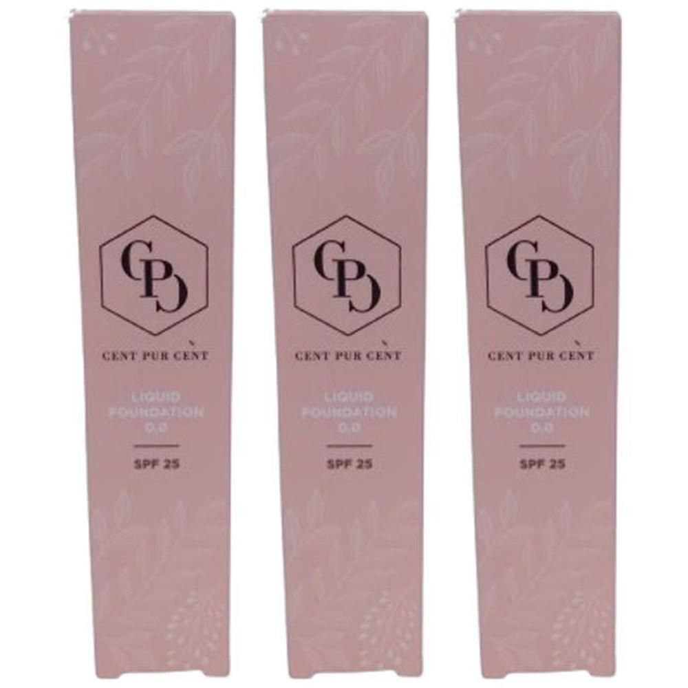 Drie verpakkingen Cent Pur Cent Liquid Foundation met SPF 25.