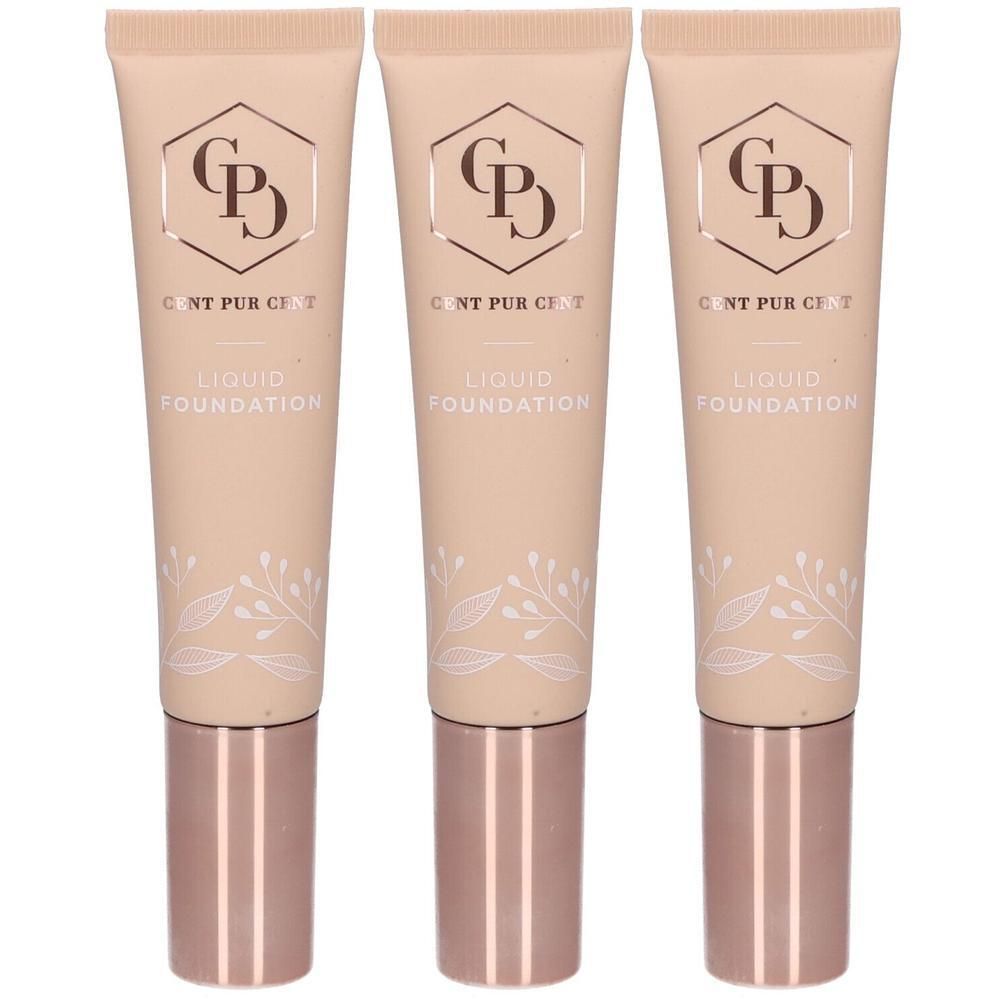 Drie tubes Cent Pur Cent Liquid Foundation SPF25 in beige.