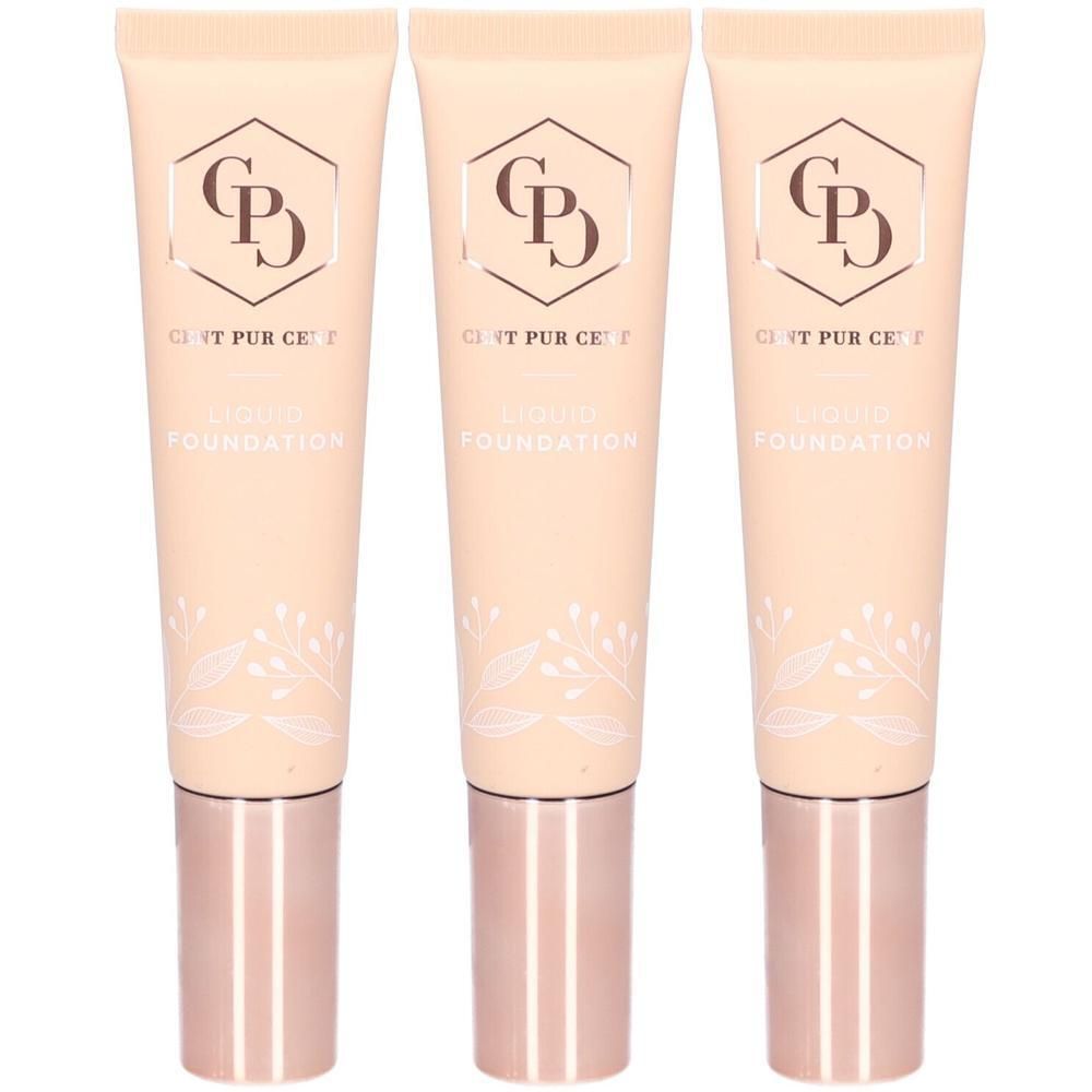 Drie tubes vloeibare foundation met SPF25 en bloemenmotief.