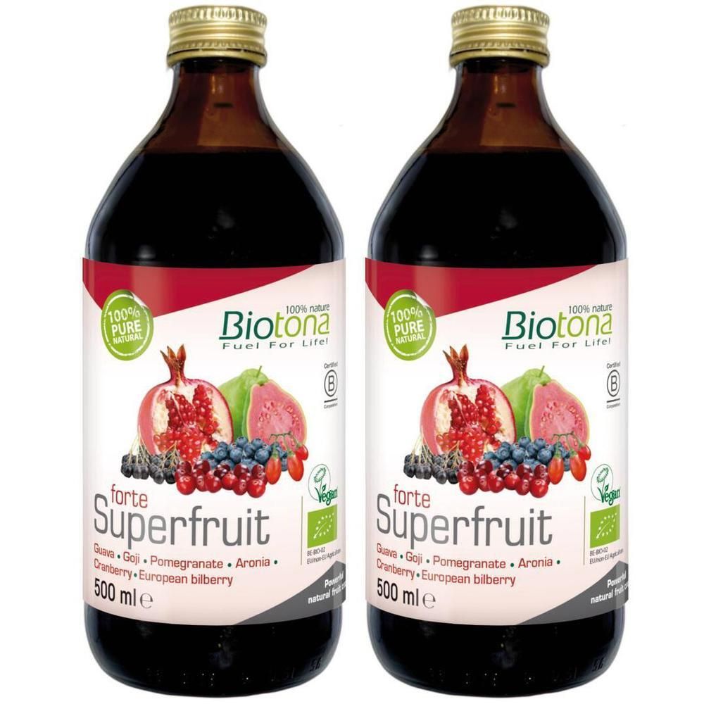 Twee flessen Biotona Superfruit forte sap met granaatappel, guave en bessen. 500 ml.