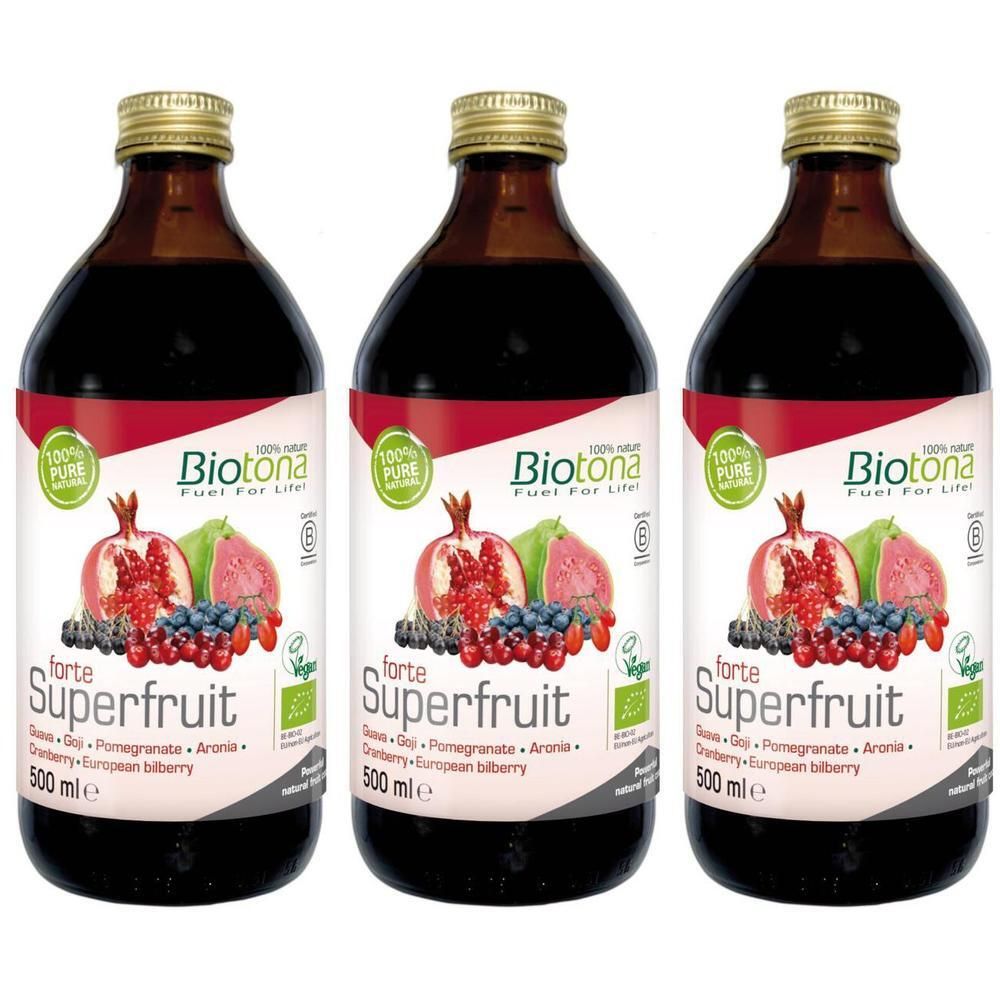Drie flessen Biotona Superfruit Forte met granaatappel, guave en bessen. 500 ml.