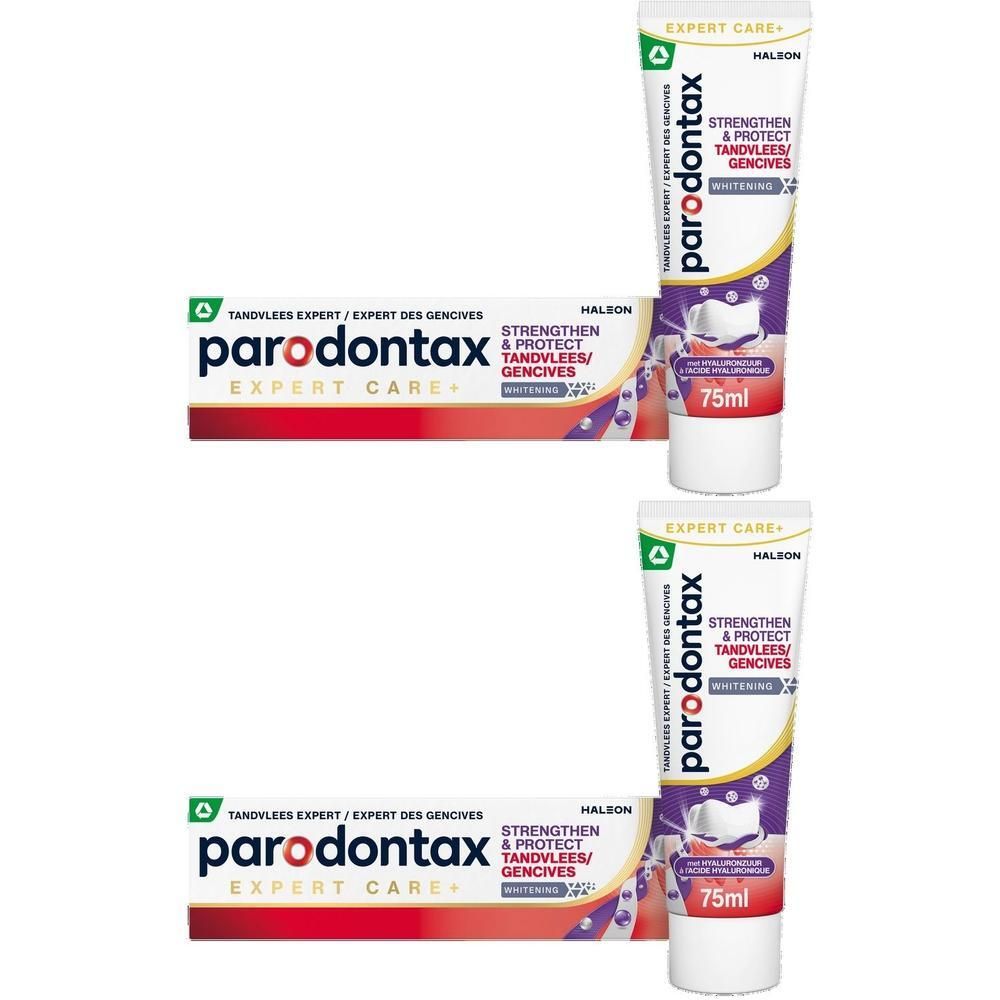 Deux tubes et boîtes de dentifrice Parodontax, Renforce & Protège Blanchissant, 75ml.