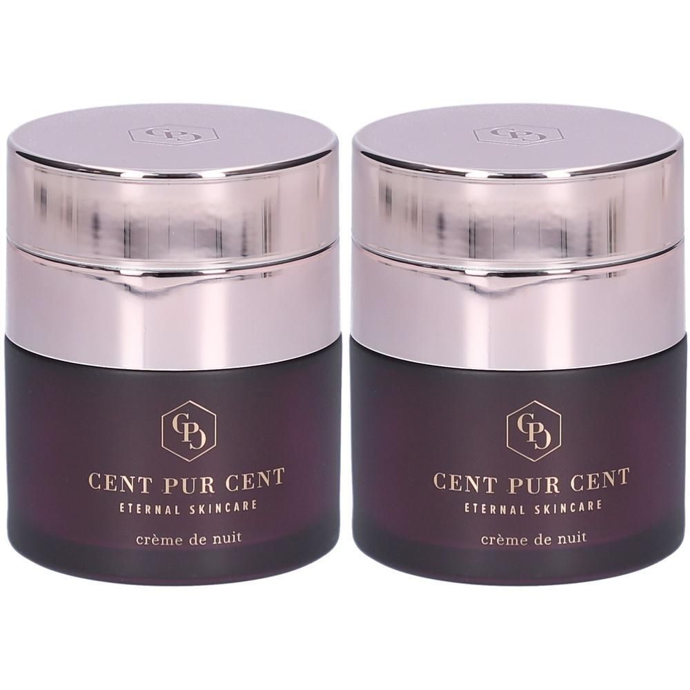 Twee donkere potjes met zilverkleurige deksels, met opschrift 'CENT PUR CENT ETERNAL SKINCARE crème de nuit'.