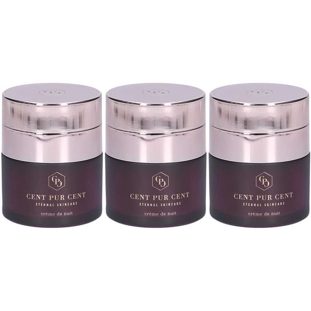 Trois pots de Cent Pur Cent Eternal Skincare Crème de Nuit avec couvercles argentés.