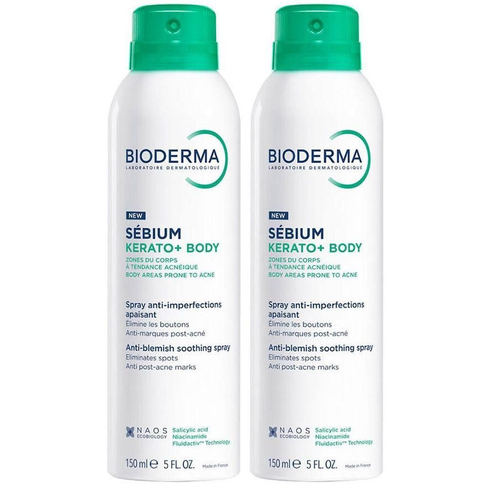Twee Bioderma Sébium Kerato+ Body Sprays, 150ml, met groene doppen.