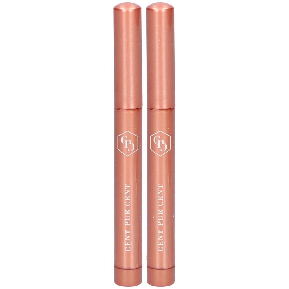 Twee iriserende koperkleurige sticks met logo en merknaam.
