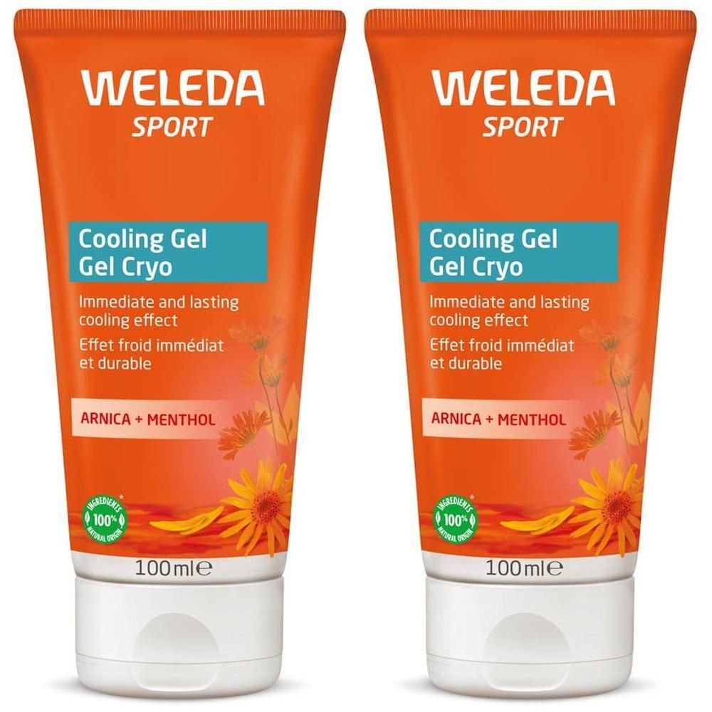 Deux tubes de Weleda Sport Cooling Gel Cryo à l'arnica et au menthol.