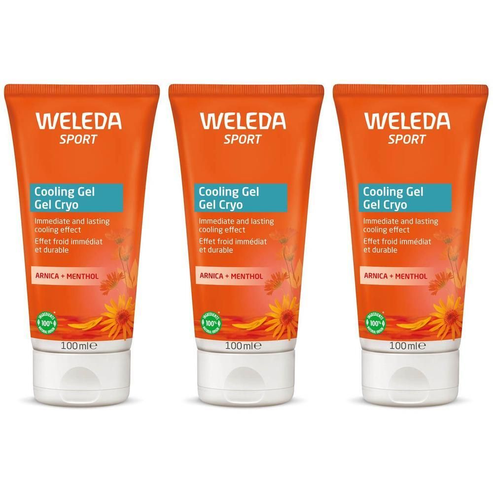 Trois tubes de Weleda Sport Cooling Gel Cryo à l'arnica et au menthol, 100ml.