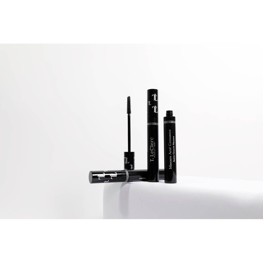 Trois tubes de mascara noir, dont un ouvert. T.LeClerc Mascara Actif Croissance.