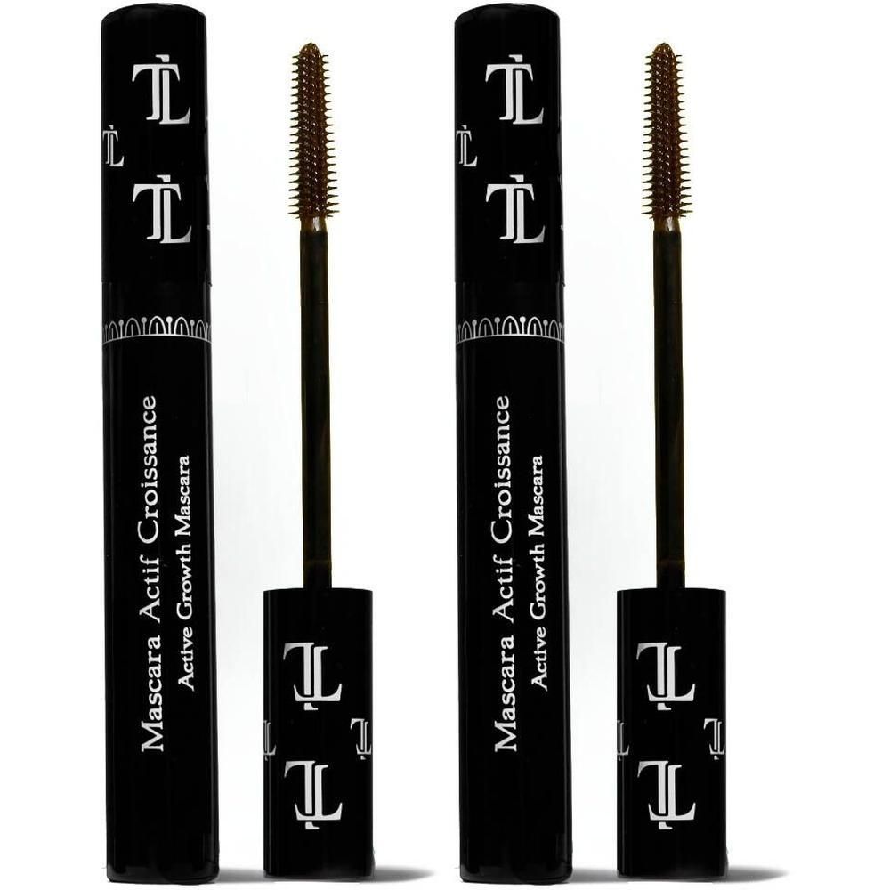 Deux tubes de mascara noirs avec brosses, logo T.LeClerc et inscription "Mascara Actif Croissance".