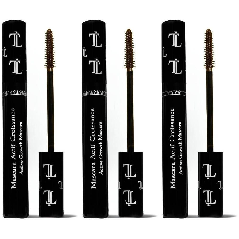 Drie zwarte mascara tubes met gouden applicator en 'TL' logo.
