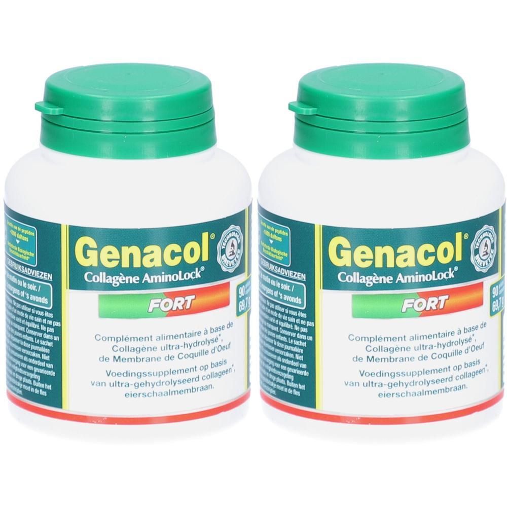 Twee flessen Genacol Collagène Aminolock Fort voedingssupplement met groene dop.