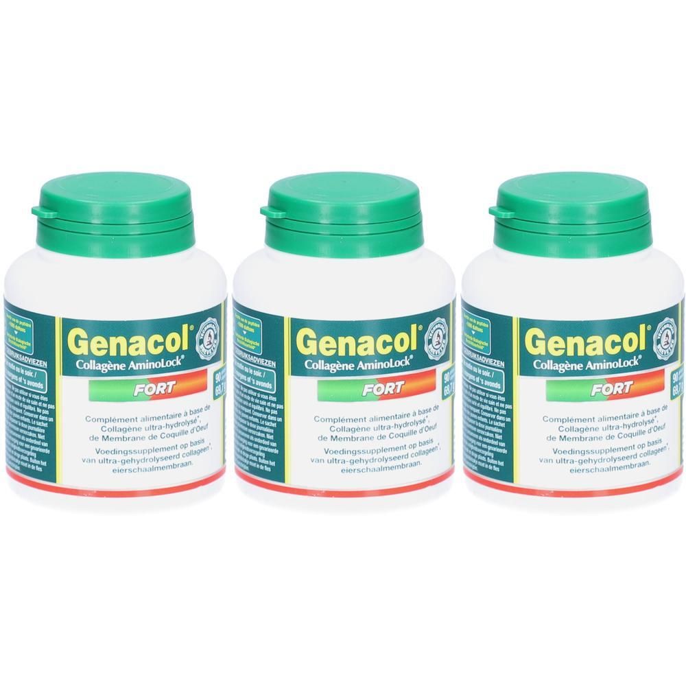 Drie flessen Genacol Collagène Aminolock Fort met groene doppen.