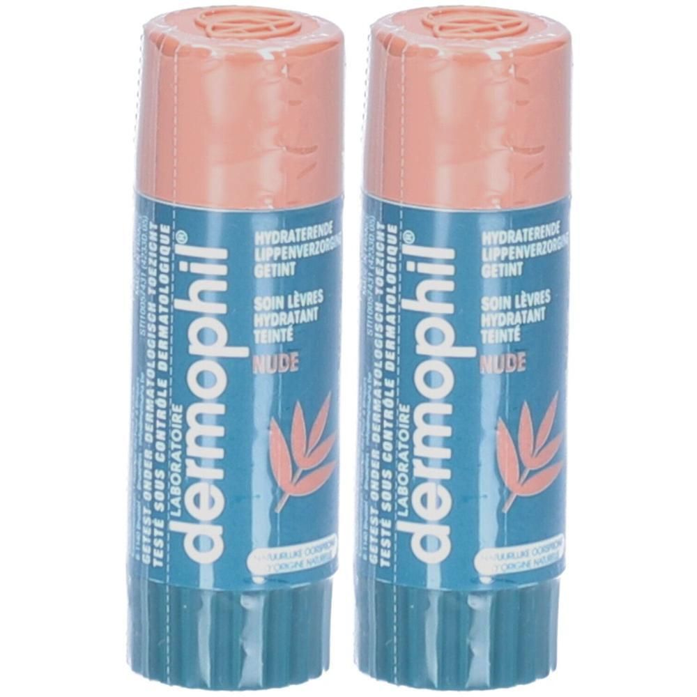 Twee Dermophil lippenbalsemsticks, Nude kleur, met bladerenprint.