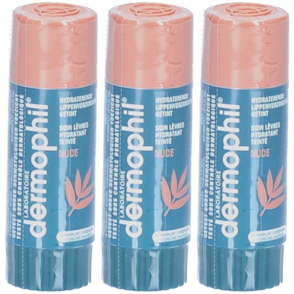 Trois sticks à lèvres Dermophil couleur Nude, avec étiquette bleue et motif feuille.