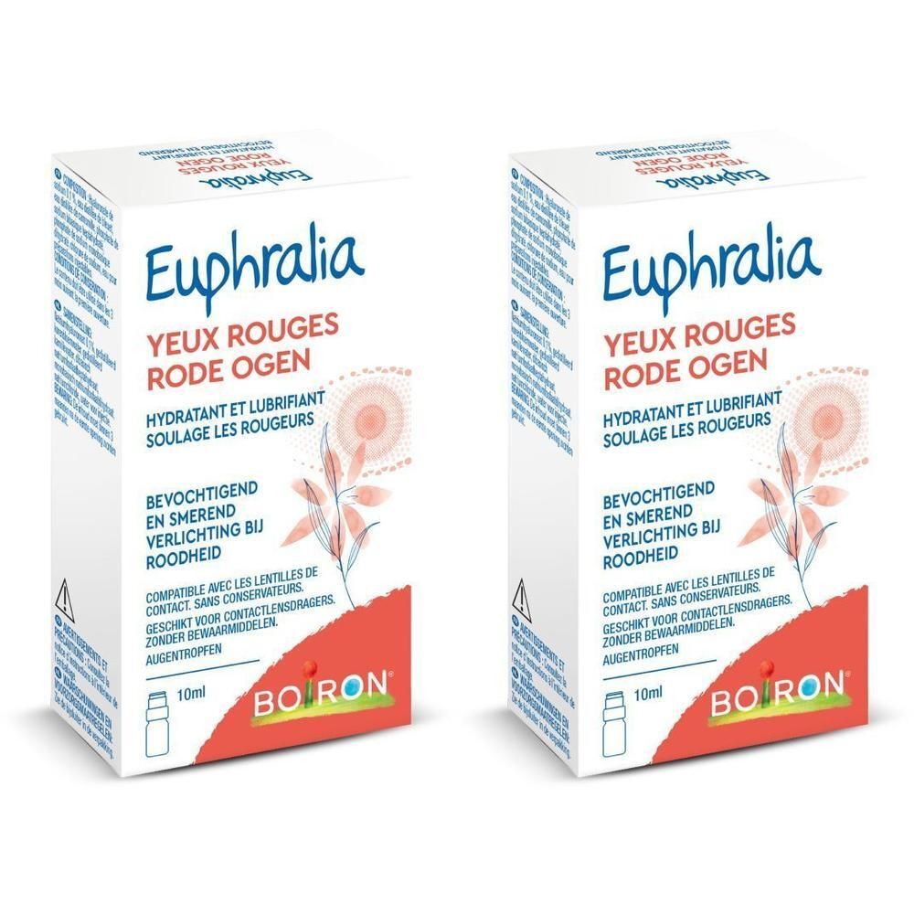 Twee verpakkingen Boiron Euphralia voor rode ogen. Bevat 10ml oogdruppels.
