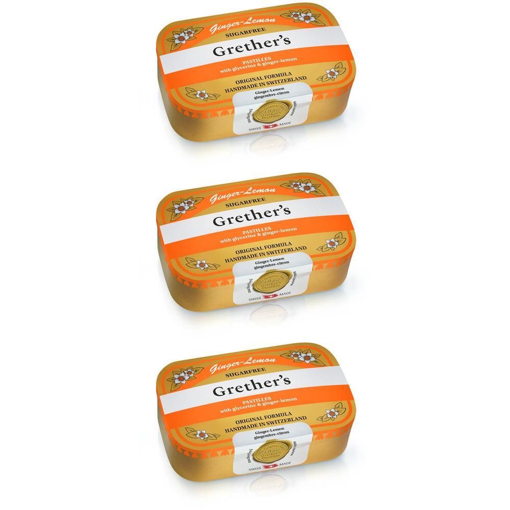 Drie blikken Grether's Pastilles Gember-Citroen suikervrij, naast elkaar.