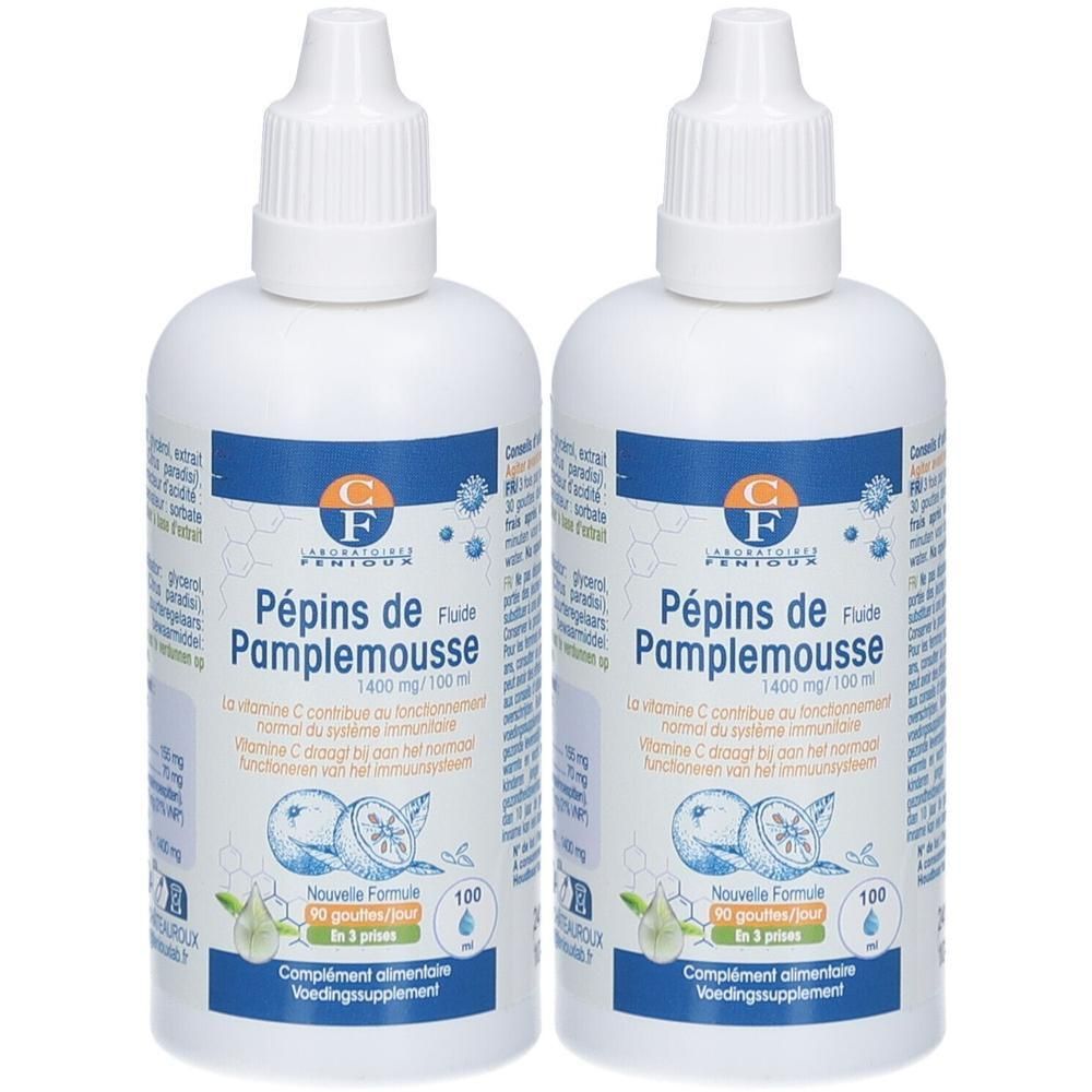 Deux flacons compte-gouttes blancs d'extrait de pépins de pamplemousse. Contient de la vitamine C pour le système immunitaire.