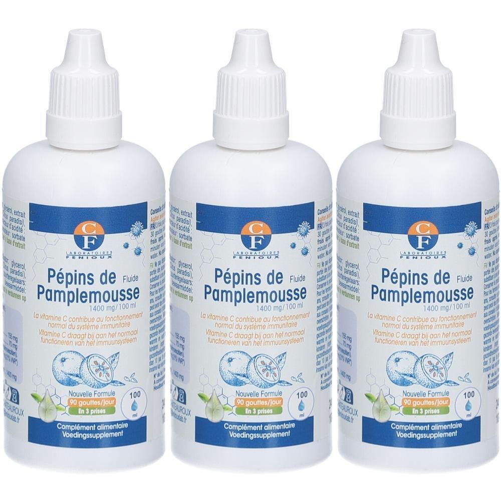Drie flessen Laboratoires Fenioux Grapefruitpitextract, 100 ml.