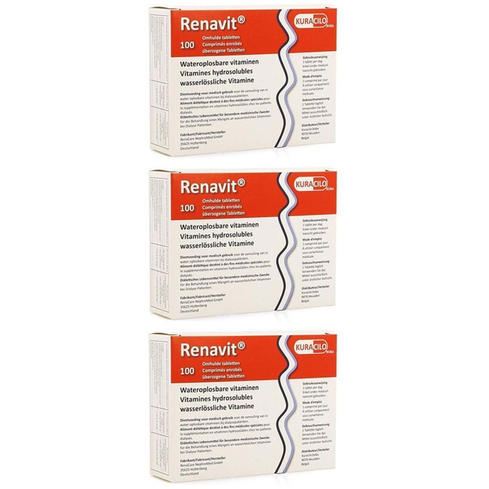 Drie pakken Renavit 100 wateroplosbare vitaminetabletten.