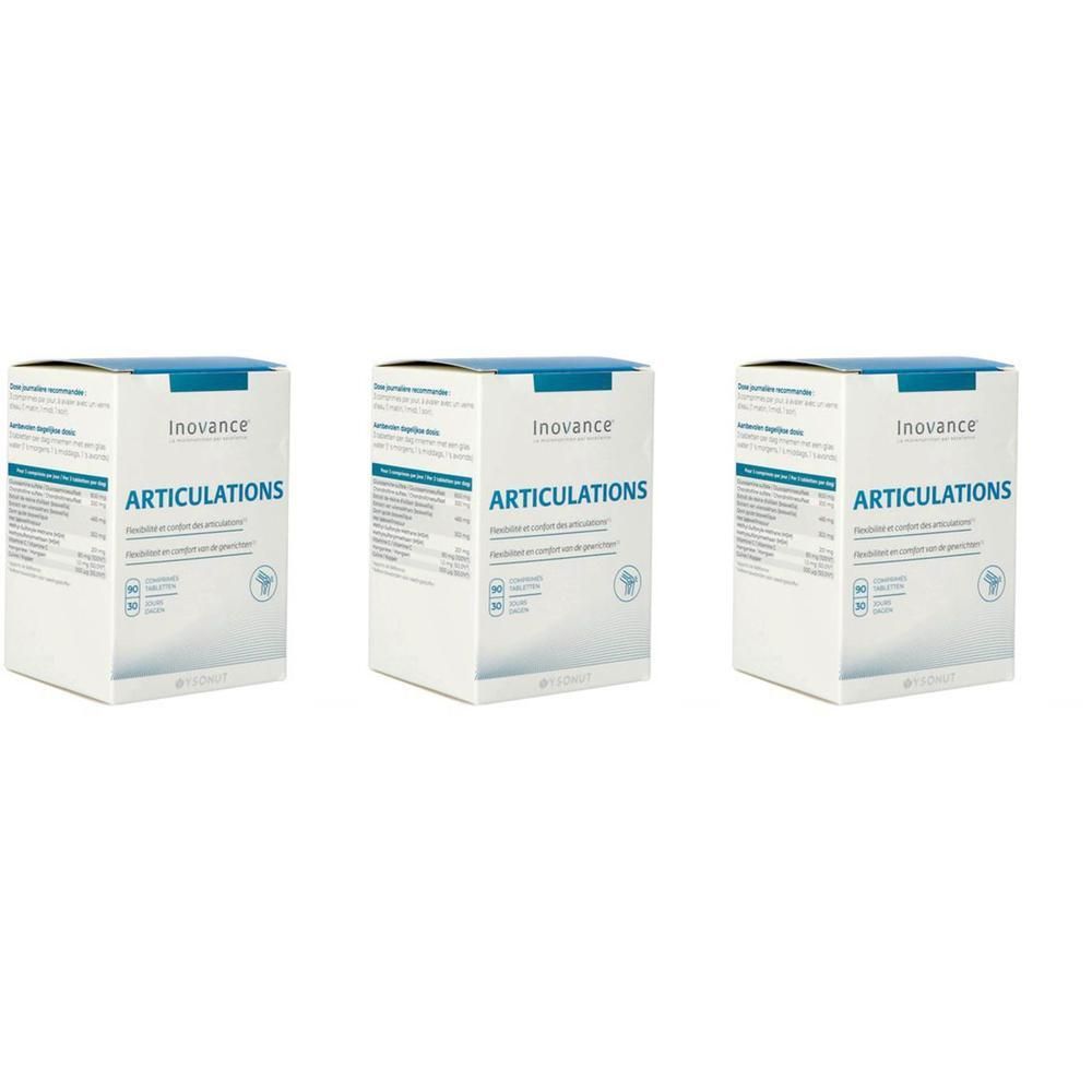 Trois boîtes d'Inovance Articulations, cartons bleus et blancs disposés sur fond blanc.