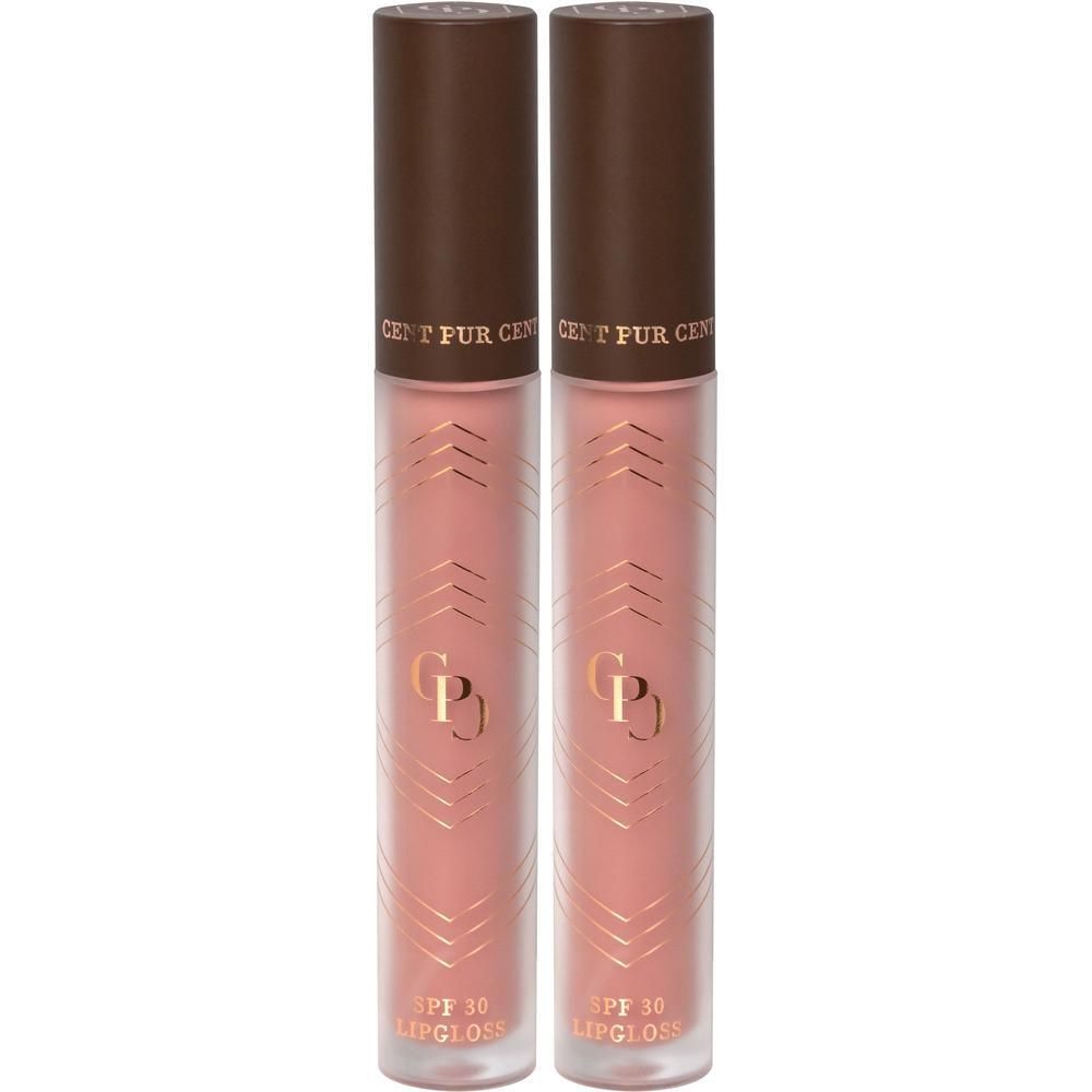 Deux flacons de Cent Pur Cent Lipgloss SPF30 Rose avec bouchons marron.