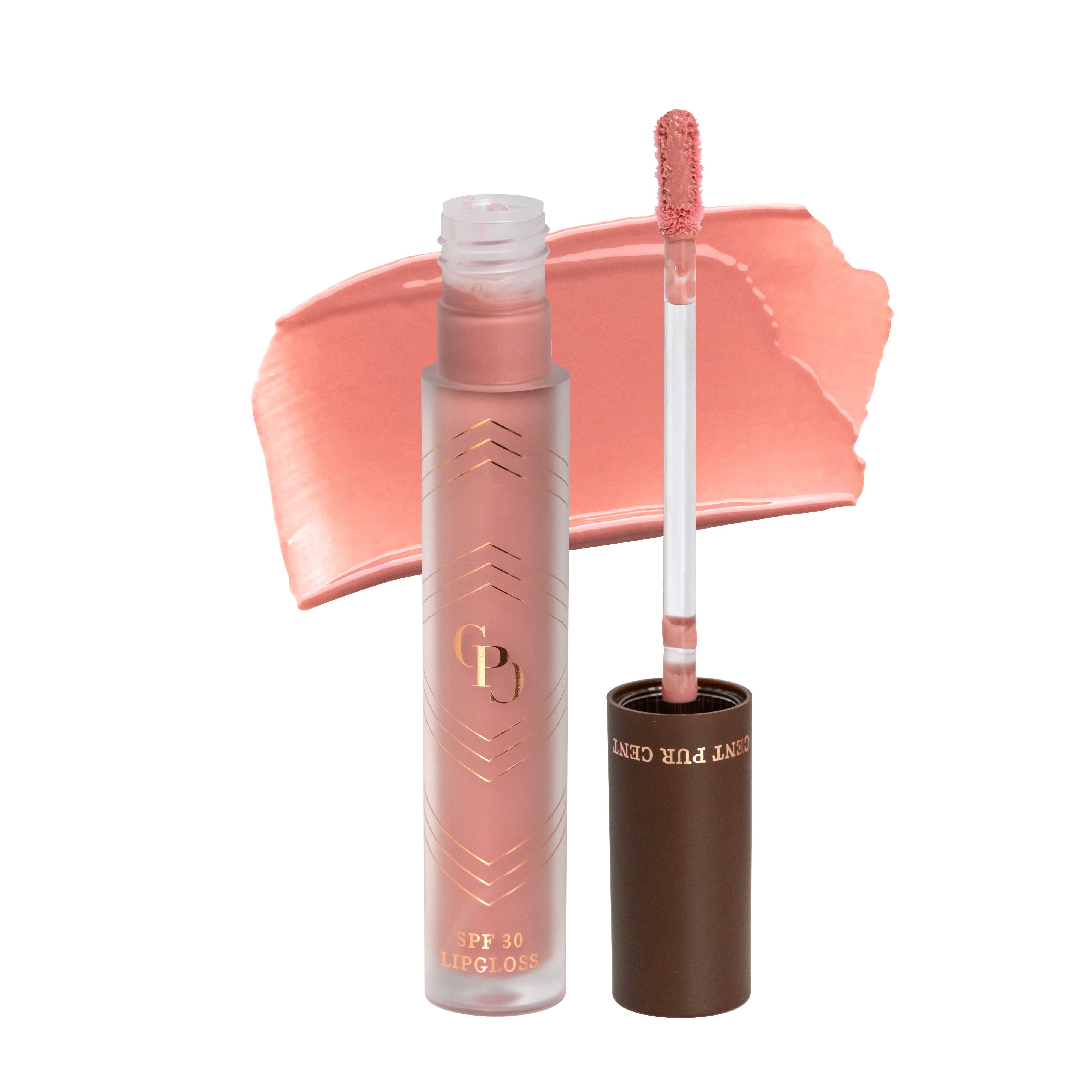Cent Pur Cent Lipgloss SPF30 Rose met losgedraaide applicator en een veeg roze kleur.