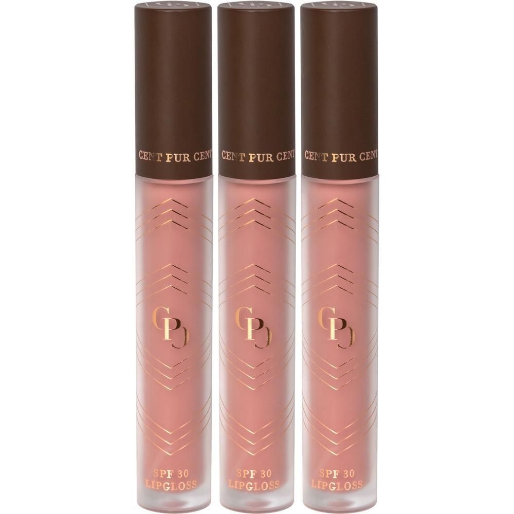 Trois gloss à lèvres Cent Pur Cent SPF30, teintes roses, flacons mats avec capuchons marron.